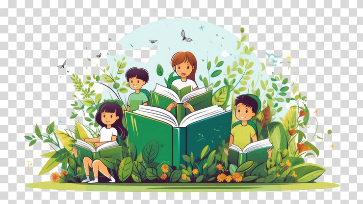 PSD niños leyendo libros en la naturaleza aislado en la ilustración de vector de fondo transparente