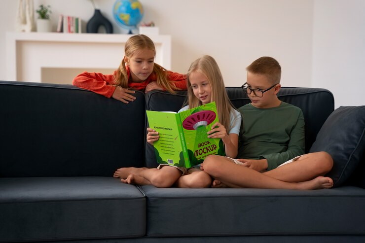PSD niños con maqueta de libro abierto