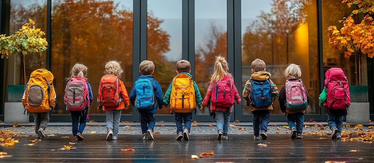 PSD niños con mochilas caminando a la escuela en un día lluvioso de otoño
