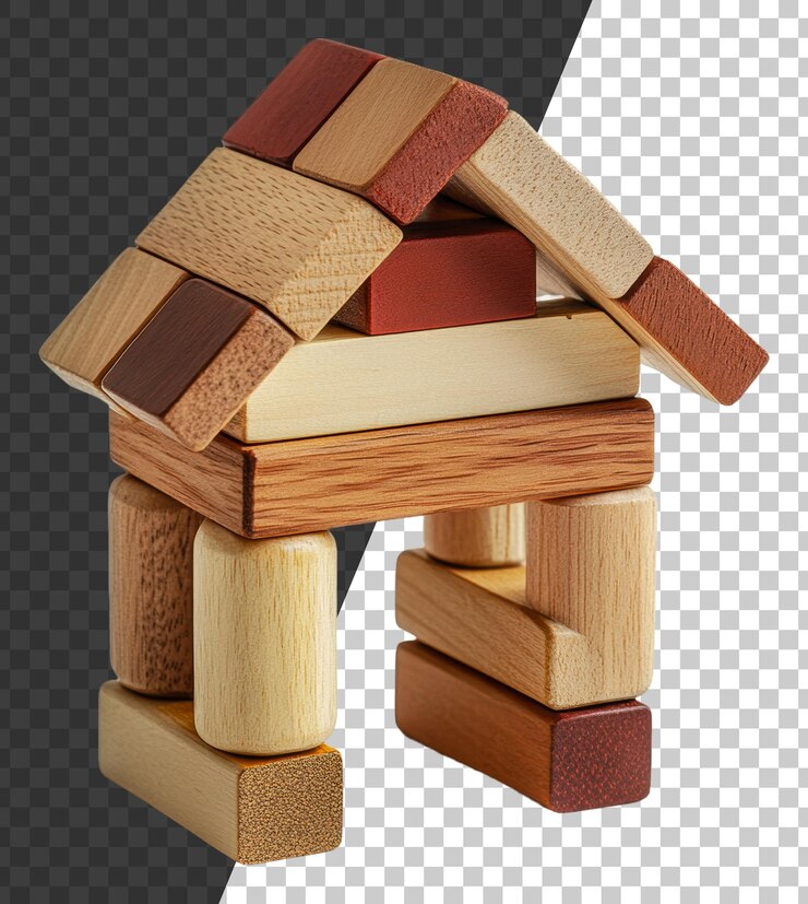 PSD los niños de papúa nueva guinea construyen una casa de madera con bloques de juguete