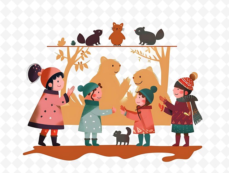 PSD niños participando en un espectáculo de marionetas de sombra del día de la marmota ilustración plana carácter cultural