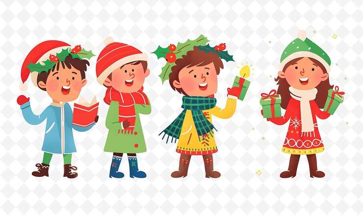 PSD niños participando en un evento de villancicos de navidad diseño ilustración plana cultura caracter