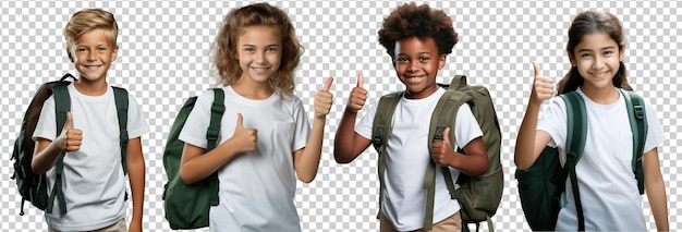 PSD los niños pequeños de la escuela tienen una sonrisa feliz y muestran el pulgar hacia arriba como en un fondo transparente