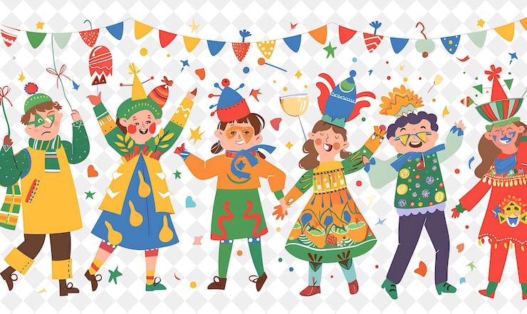 PSD niños que participan en un tradicional festival de ilustración plana del mundo de fasnacht celebración suiza