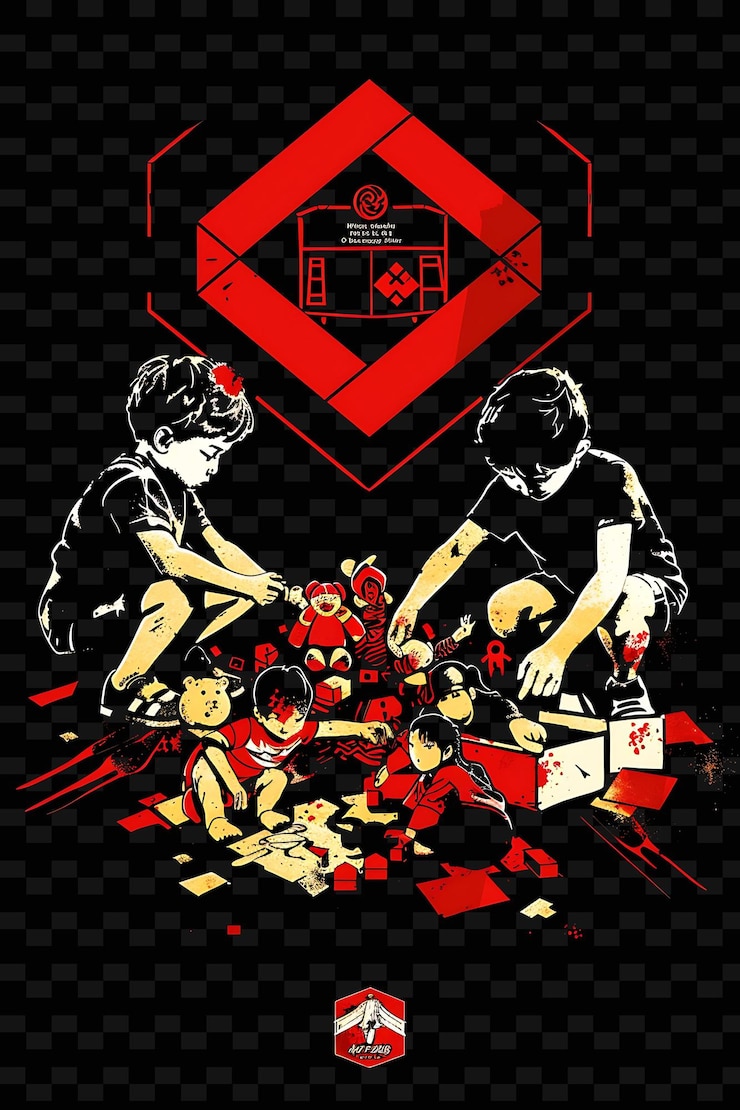 PSD niños refugiados jugando con juguetes hechos de restos cartel d arte de ilustración plana creativa