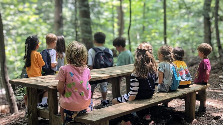 PSD niños sentados en un largo banco de madera en un bosque escuchando atentamente algo