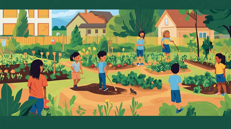 PSD niños trabajando en un jardín comunitario con camas elevadas disfrutando del aire fresco aprendiendo sobre la naturaleza y cultivando verduras en un barrio suburbano
