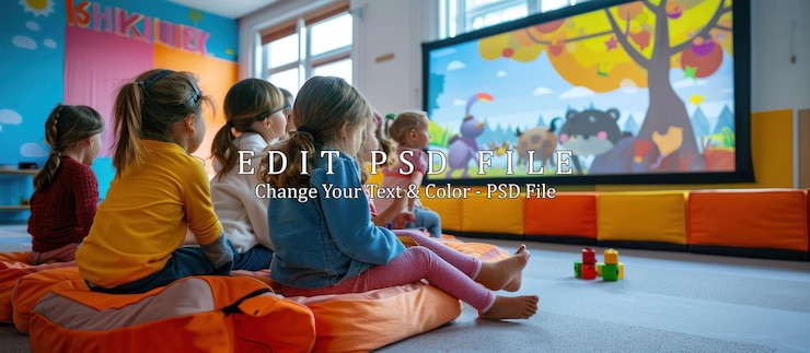 PSD niños viendo películas de animación en la sala de juegos