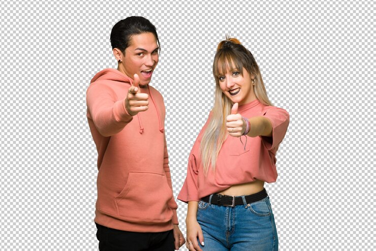 PSD no dia dos namorados jovem casal dando um polegar para cima gesto porque algo de bom aconteceu