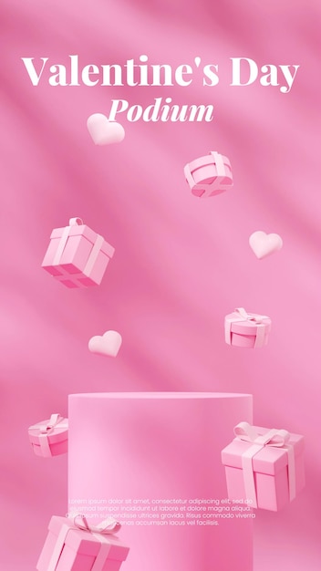 No retrato corações flutuantes e caixa de presente 3d render imagem espaço em branco redondo cilindro rosa pódio