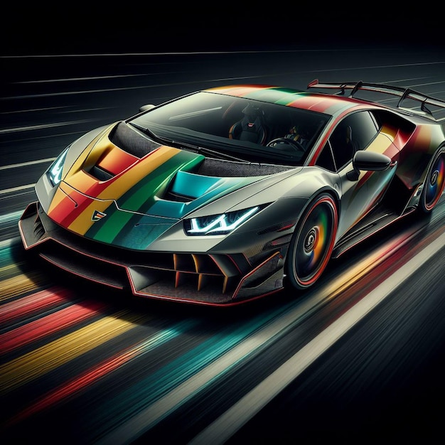 PSD un noble lamborghini hypercar está acelerando a través de las luces nocturnas coche png fondo negro