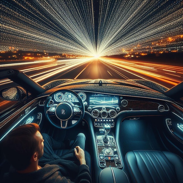 PSD una noble rolls royce limusina está acelerando a través de las luces nocturnas coche png