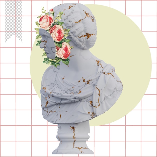 PSD nobre dama estátuas 3d render colagem com pétalas de flores composições para o seu trabalho