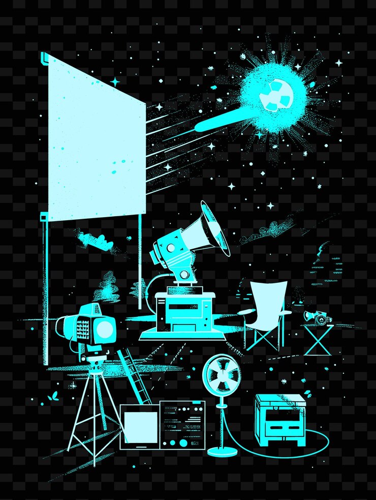 PSD noche de cine al aire libre con familias y amigos proyector e ilustración creativa diseños de ideas