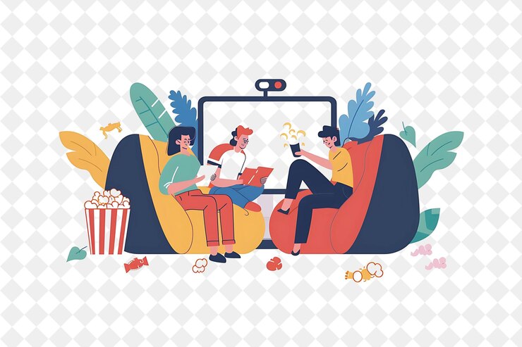 PSD noche de cine al aire libre de primavera con personajes viendo una película festival png 2d flat art ilustraciones