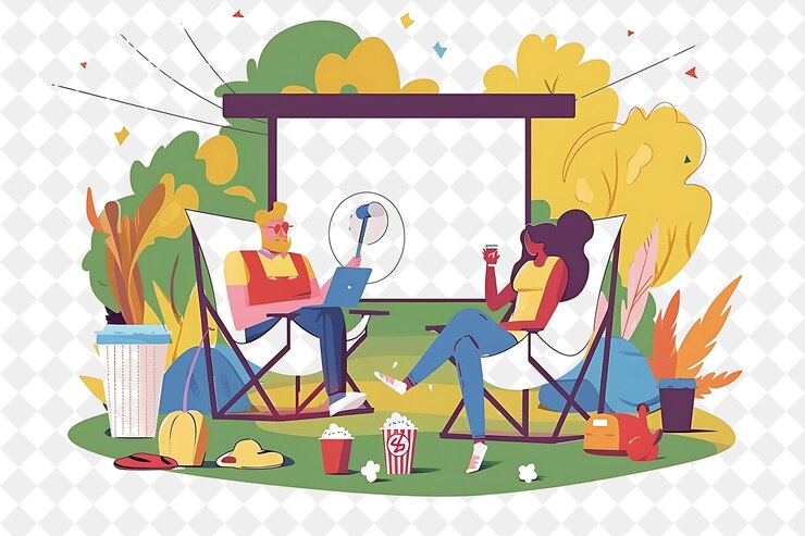 PSD noche de cine al aire libre de primavera con personajes viendo una película festival png 2d flat art ilustraciones