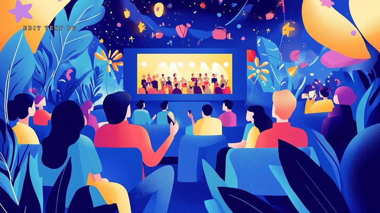 PSD noche de cine al aire libre con el público disfrutando de un concierto en una gran pantalla rodeada de plantas