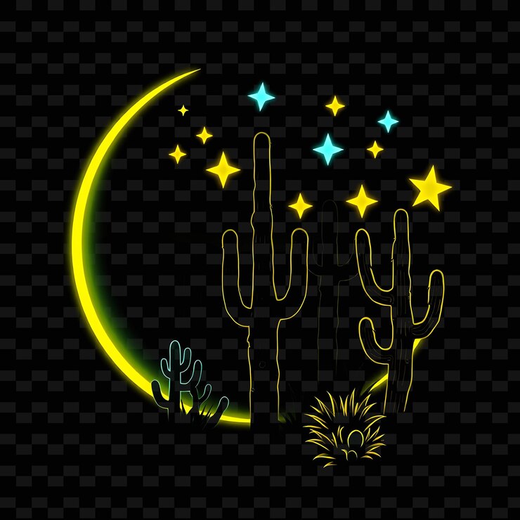 PSD noche de desierto de neón brillante en una silueta de media luna con cactus brillantes y estrellas de neón que forman venta s