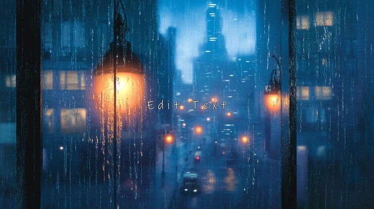 PSD la noche lluviosa de la ciudad vista a través de una ventana llena de lluvia