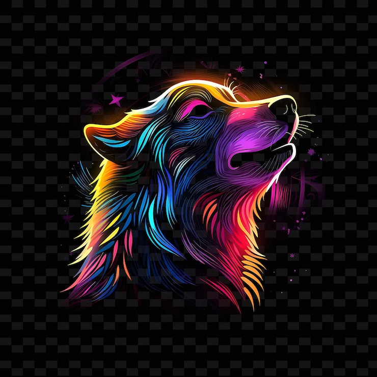 PSD noche de lobo iluminada por la luna líneas de neón curvas aullido de piel de luna patter png y2k formas artes de luz transparente