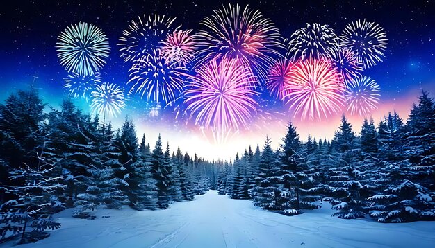 Noche de Navidad en un bosque de invierno mágico con coloridos fuegos artificiales y copos de nieve 3d render