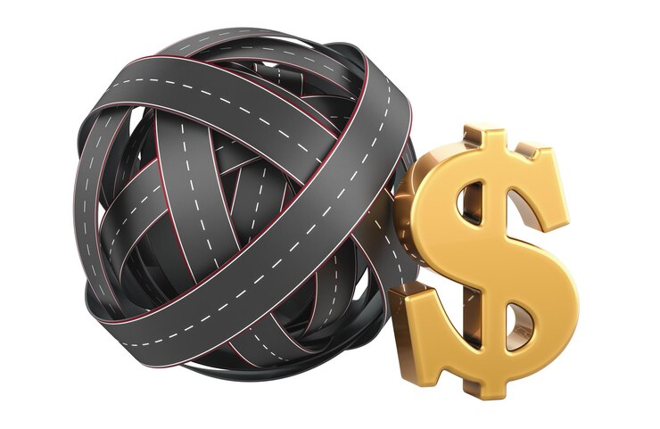 PSD nodo de estradas com sinal de dólar conceito de estrada de pedágio renderização 3d isolada em fundo transparente