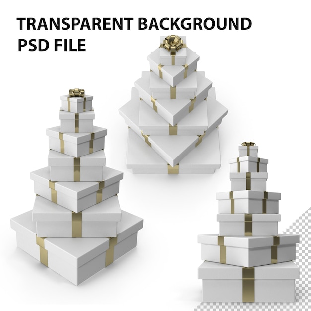 PSD noel des boîtes cadeaux blanches avec ruban doré png