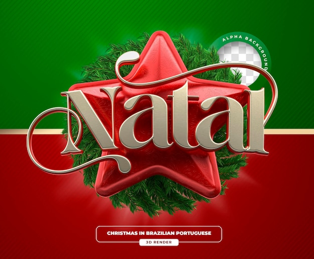 Noël en portugais brésilien Étiquette rouge et or avec guirlande et cloches en 3D