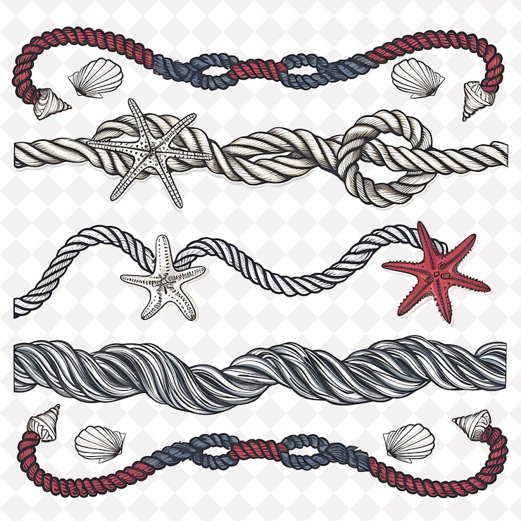 PSD des nœuds de corde png borderlines design avec des coquillages et des étoiles de mer de creative nature design art