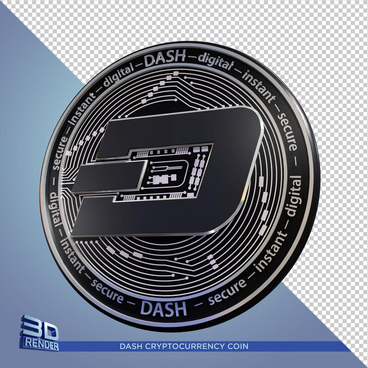 PSD noir coin dash cryptocurrency rendu 3d isolé