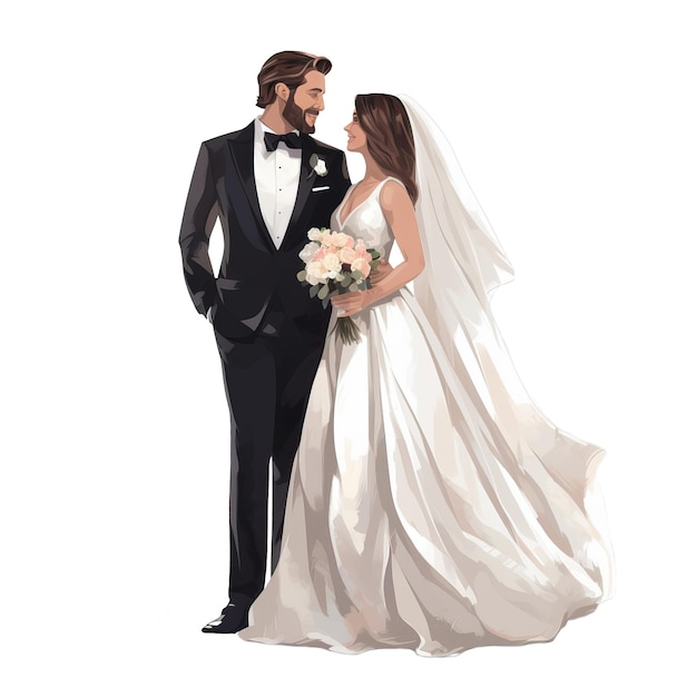 Noiva vestido de noiva branco com noivo terno preto fundo transparente ilustração png ai gerado Casamento feliz ilustração png