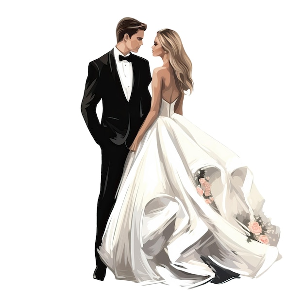PSD noiva vestido de noiva branco com noivo terno preto fundo transparente ilustração png ai gerado casamento feliz ilustração png
