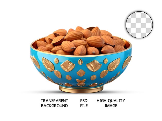 PSD noix d'amande psd dans un bol décoratif sur un fond transparent