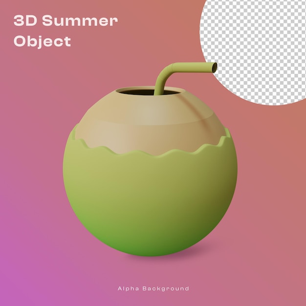 Noix de coco 3d avec objet de paille avec concept d'été rendu de haute qualité