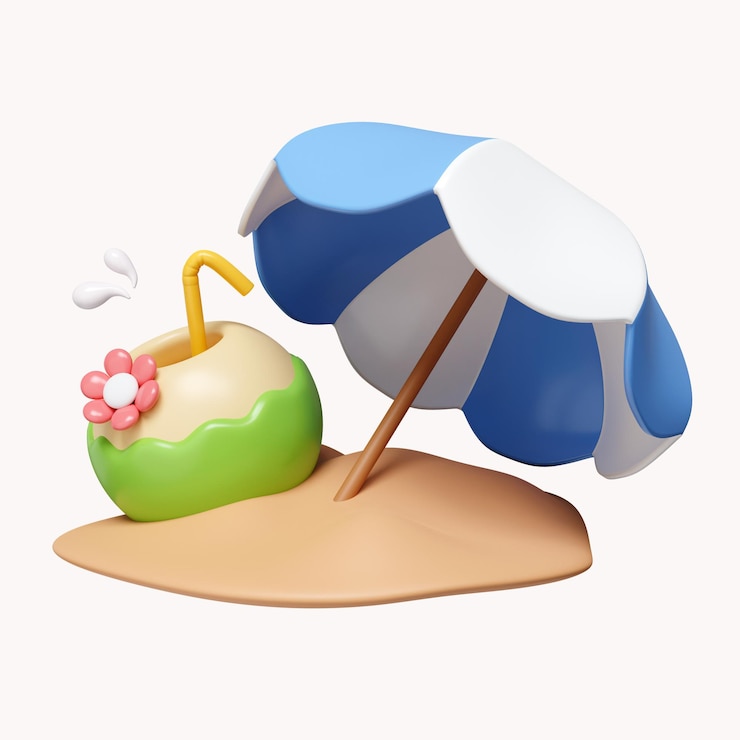 PSD noix de coco 3d et ombeller sur le sable vacances d'été et icône de concept de vacances isolé sur fond blanc illustration de rendu 3d tracé de détourage