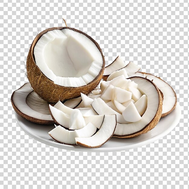 Des noix de coco sur une assiette blanche isolée sur un fond transparent