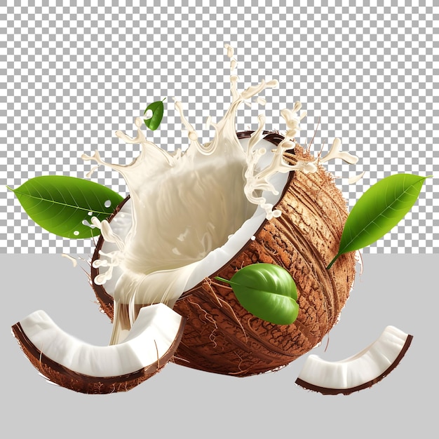 PSD noix de coco avec des feuilles sur un fond transparent