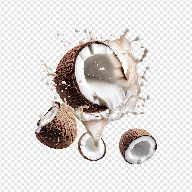 Noix de coco fraîche avec éclaboussure de lait isolée sur un fond transparent par générateur AI