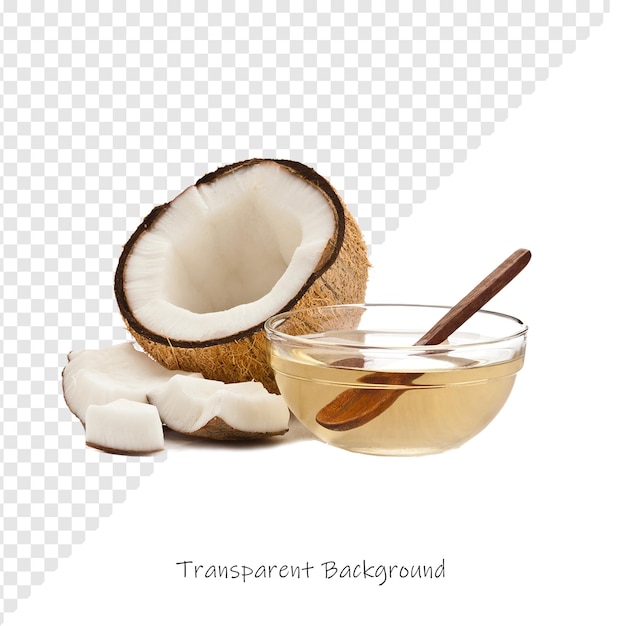 Noix de coco et huile de coco sur un fond transparent