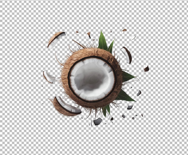 PSD noix de coco isolée coupe et morceau de coco avec des feuilles sur fond transparent ai génératif