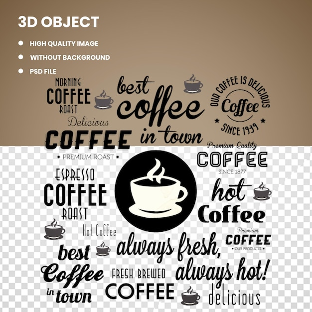 Nomes de café diferentes em 3d