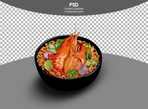 Noodles de camarão misturados em tigela isolados em fundo transparente
