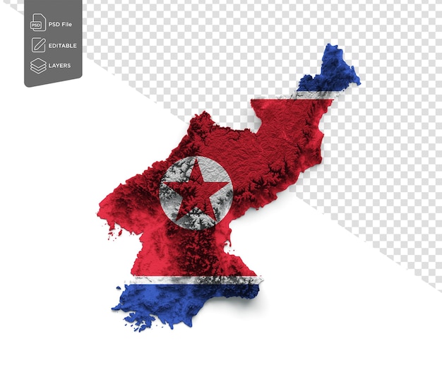 Nordkorea-karte mit den flaggenfarben blau und rot, schattierte reliefkarte, 3d-illustration