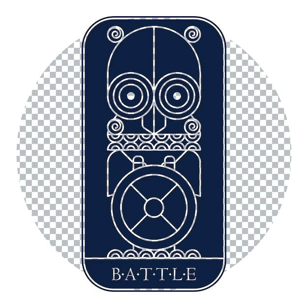 Northern fantasy battle line art dark blue emblem with Viking owl helmet and shield and axes