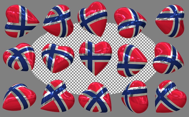 Noruega 3D Bandera del corazón aislada en diferentes posiciones Renderizado en 3D