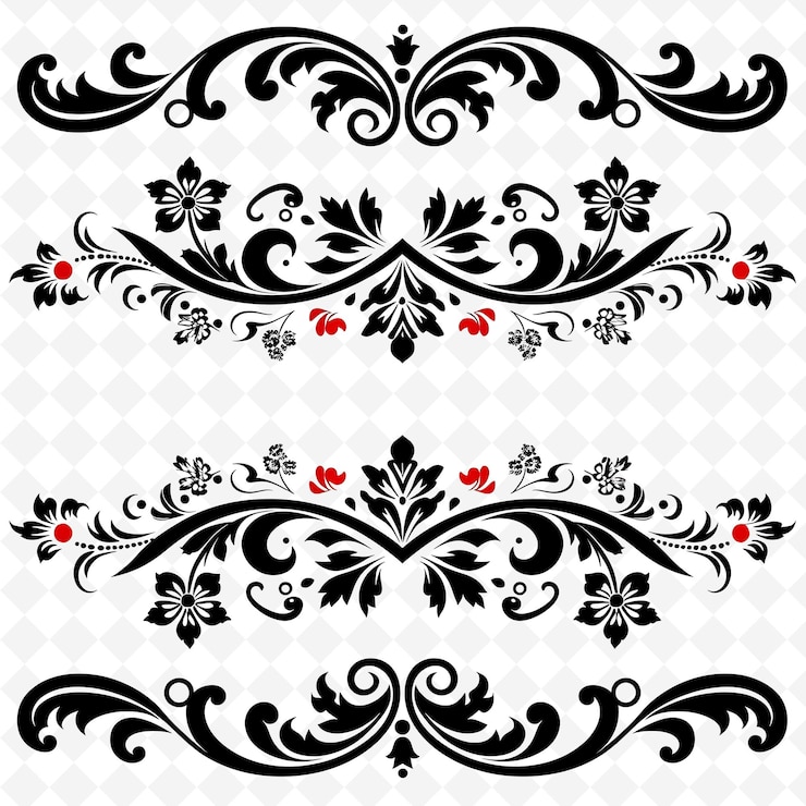 PSD norwegisches rosemaling-grenzlinien-design mit blumen- und scro png-einzigartige stilisierte motive-designs
