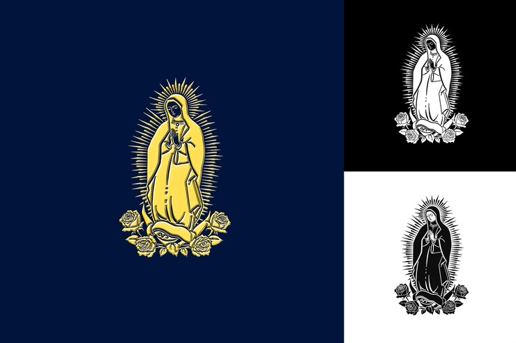 PSD nossa senhora de guadalupe com um ícone sagrado ilustrando seus desenhos de símbolos culturais do méxico