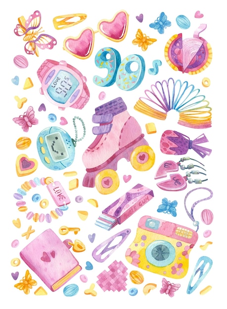 Nostalgic 90s themed illustration of toys and accessories