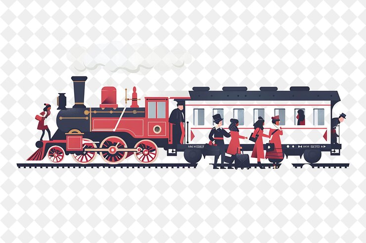 PSD nostálgico tren navideño con pasajeros y conductores des ilustración diseño artístico navideño