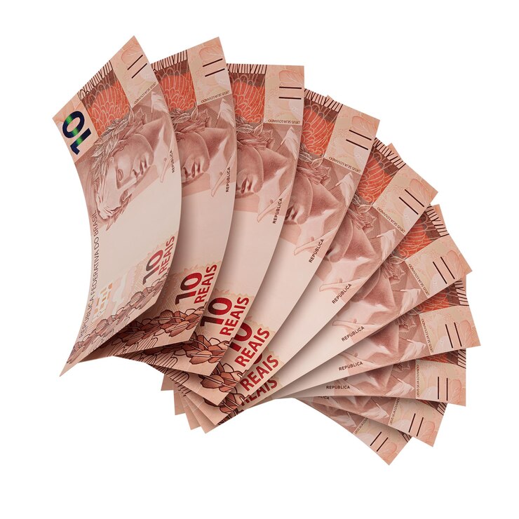 PSD nota de 10 reais brasileira en 3d con fondo transparente